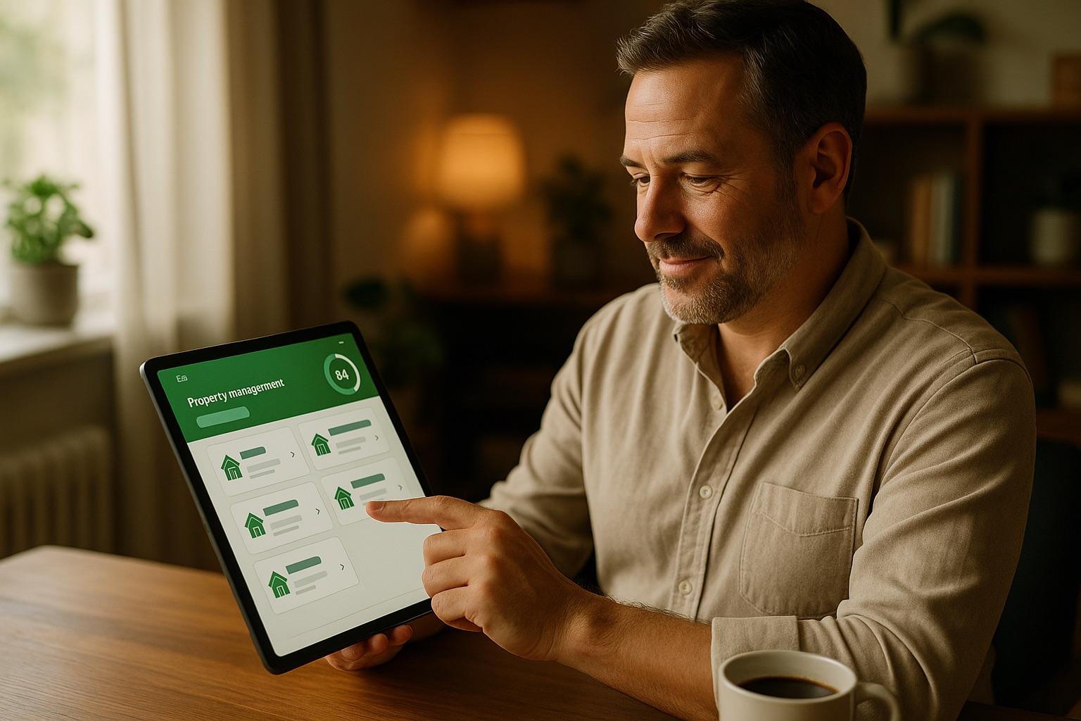 Landlord checking clean property management dashboard on tablet with morning coffee