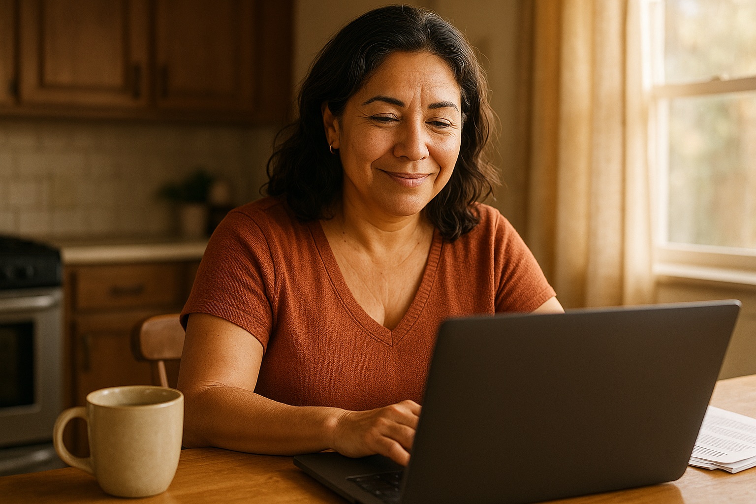 Lisa, a confident landlord, smiling at her laptop with green checkmarks on screen
