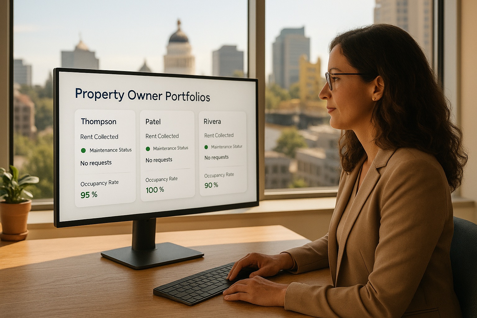 Property manager reviewing multi-owner portfolio dashboard showing rent status, maintenance, and occupancy across properties