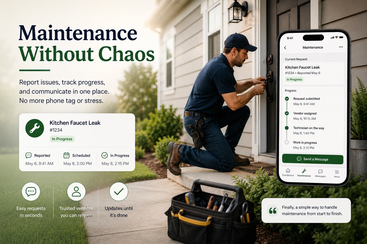 Maintenance handled professionally — vendor at work while owner tracks progress from phone