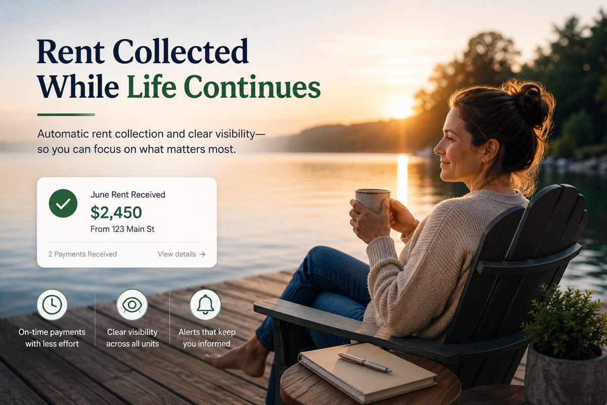 Owner relaxing while rent is collected automatically — phone shows rent payment notification