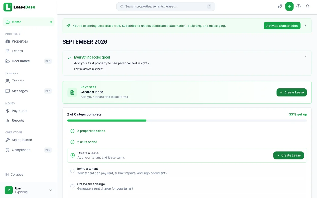 LeaseBase dashboard — property management with compliance tracking