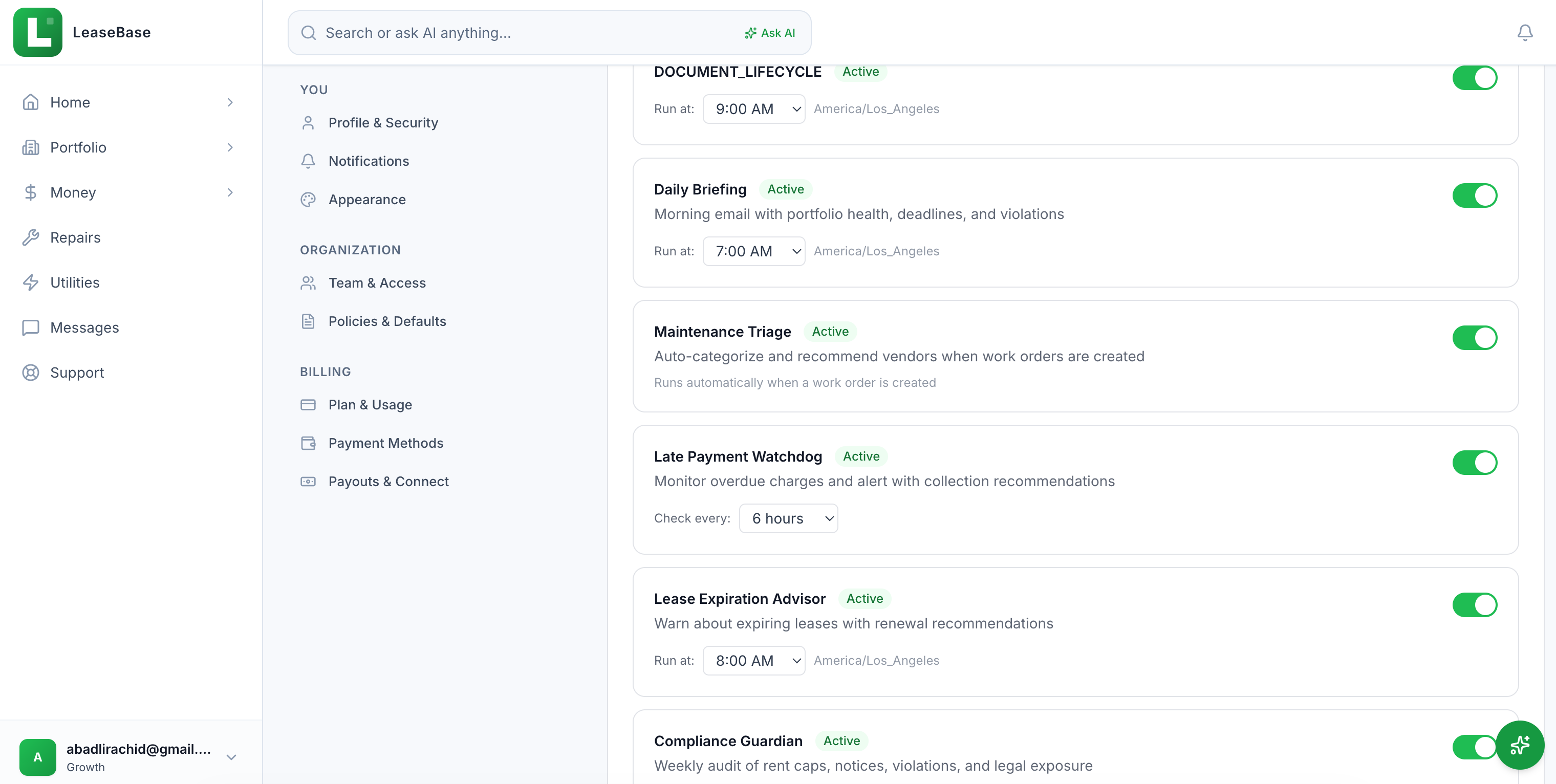 LeaseBase AI agents settings showing Daily Briefing, Maintenance Triage, and more