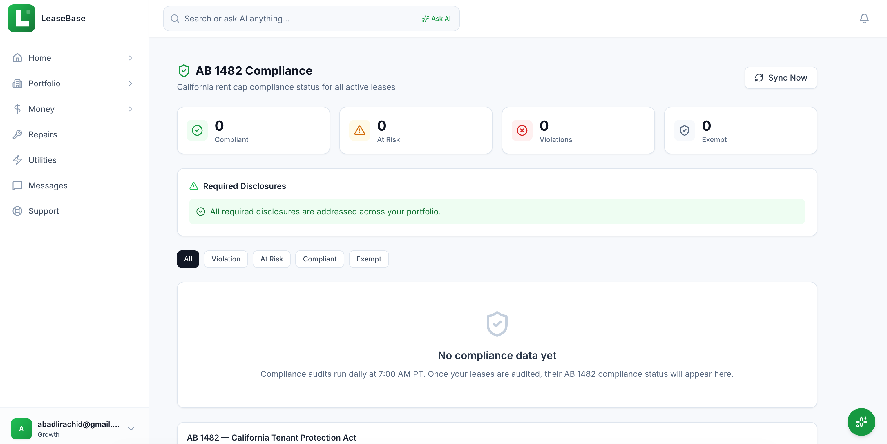 LeaseBase AB 1482 compliance dashboard with rent cap tracking