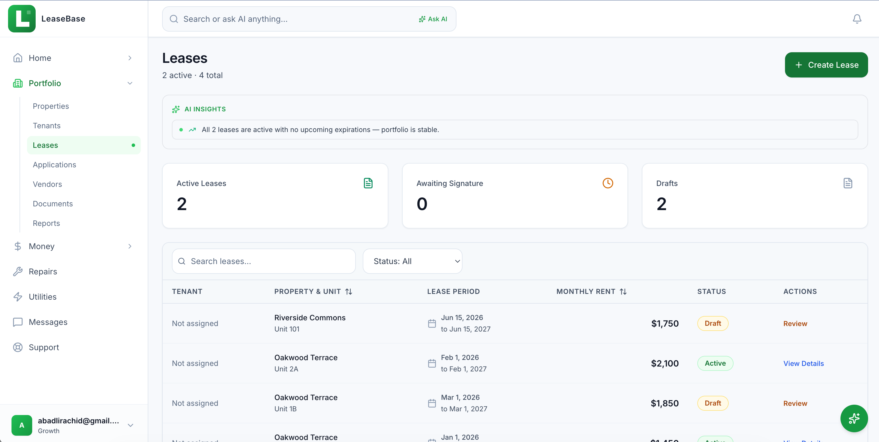 LeaseBase leases list with status table and lease management