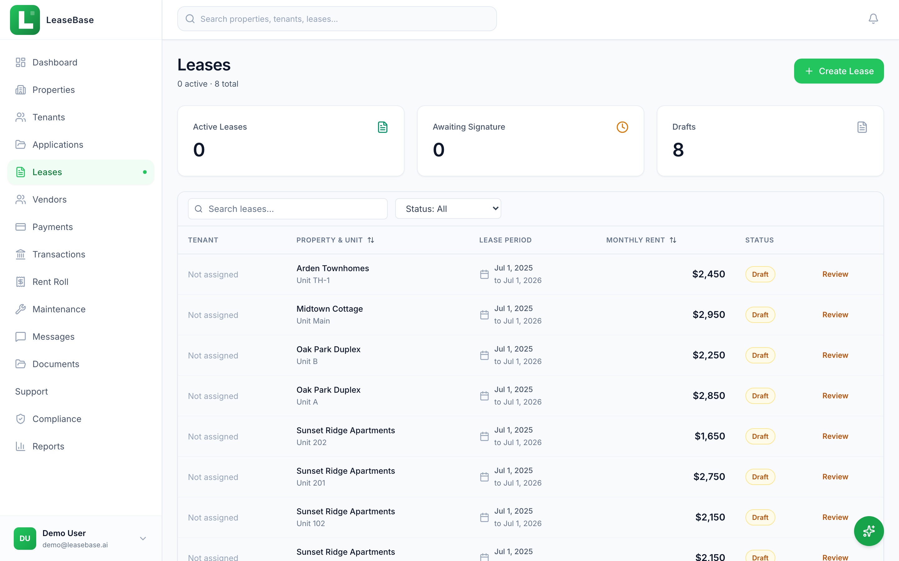LeaseBase lease management showing 8 active leases across multiple properties with rent amounts and status tracking