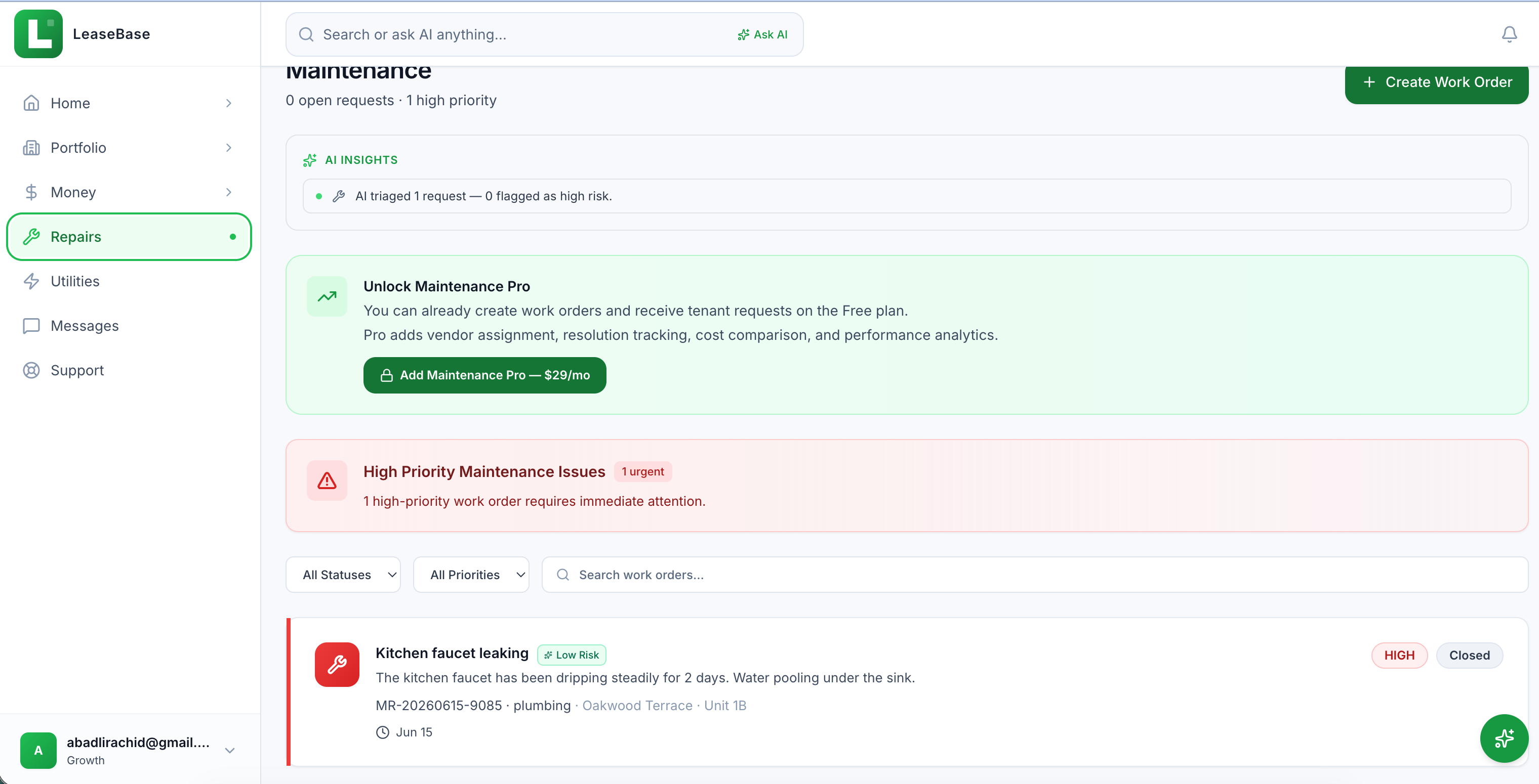 LeaseBase maintenance dashboard with AI triage and work orders