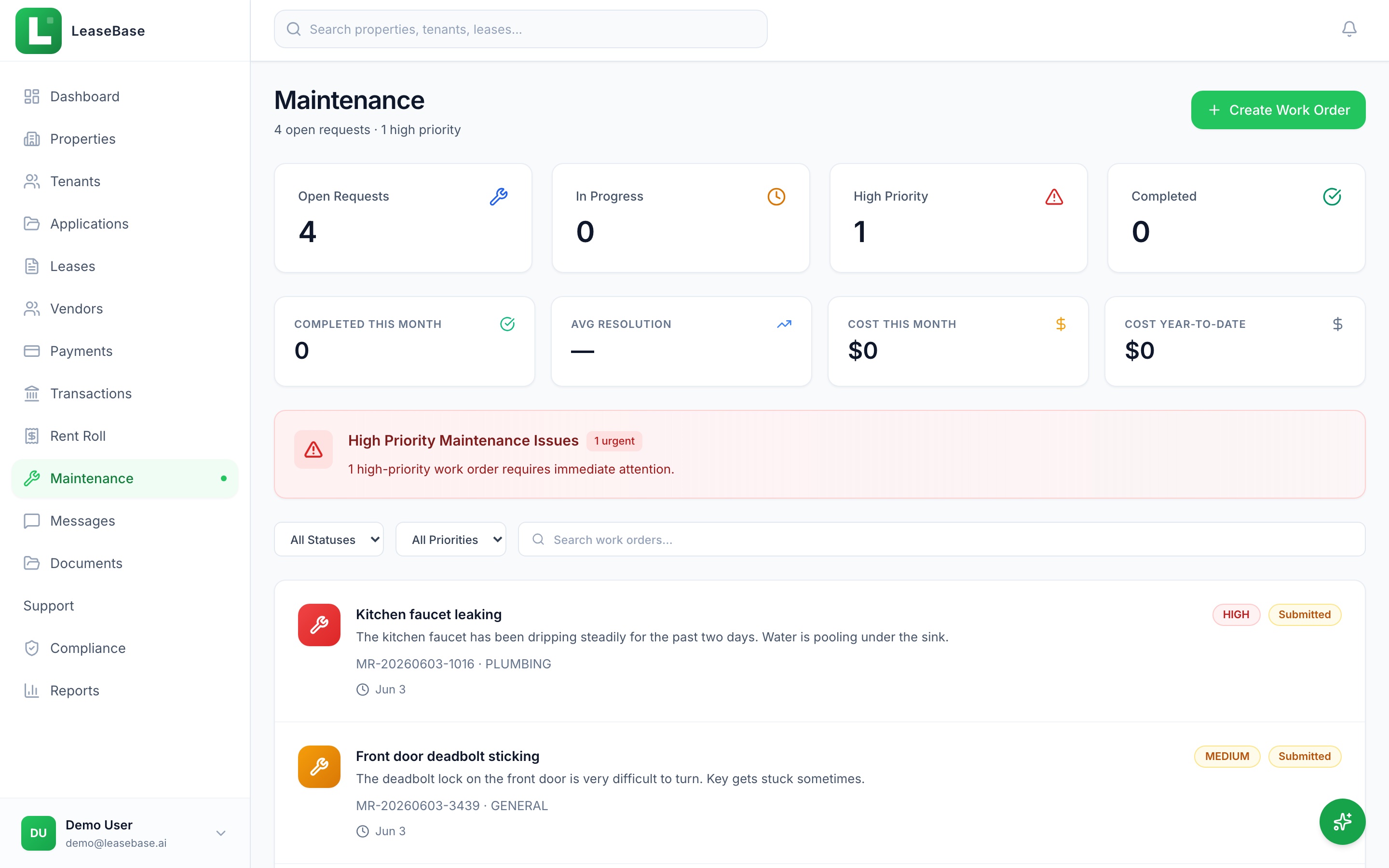 LeaseBase maintenance dashboard showing 4 work orders with priority levels, categories, and status tracking
