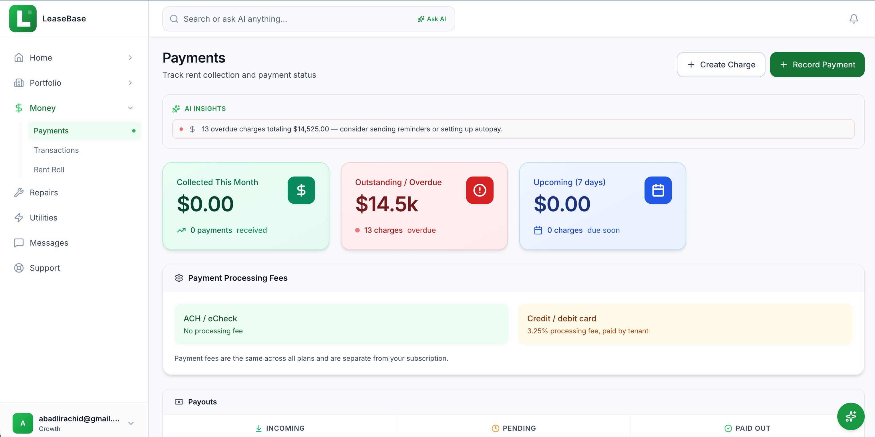 LeaseBase payments dashboard showing collected, outstanding, and upcoming rent