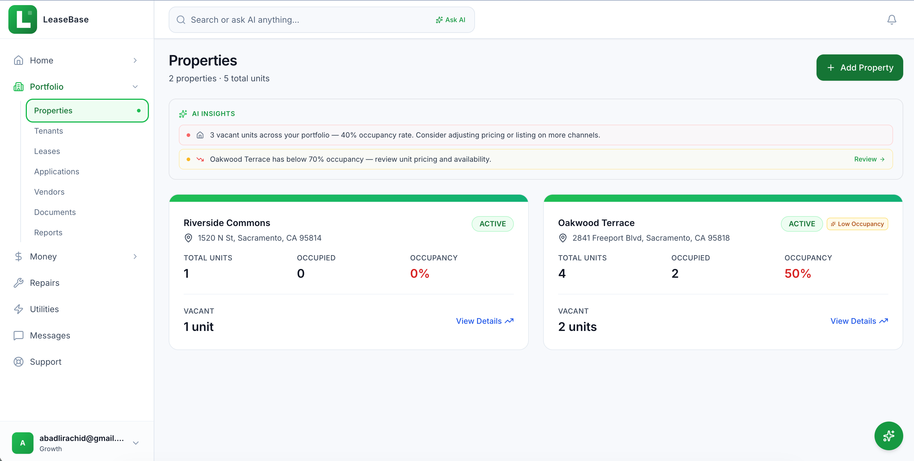 LeaseBase properties list with AI insights and occupancy overview