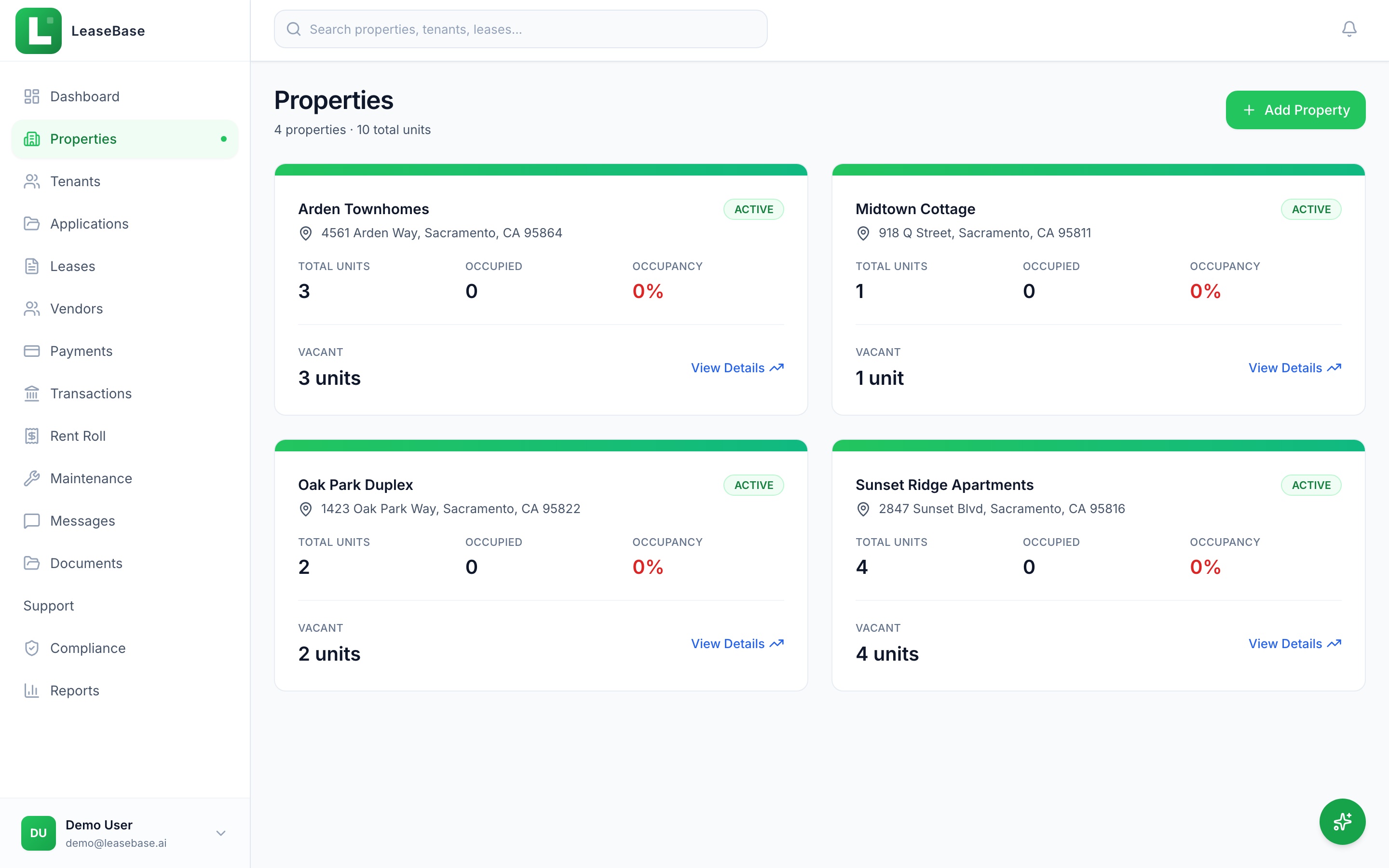 LeaseBase properties dashboard showing 4 Sacramento rental properties with unit counts and occupancy rates