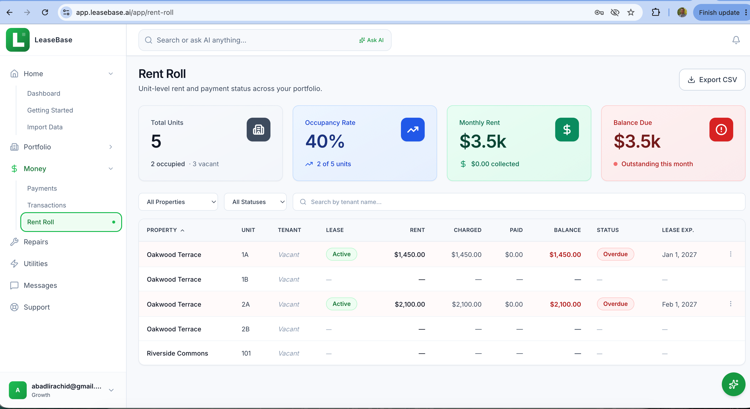 LeaseBase rent roll with unit-level data table and financial analytics
