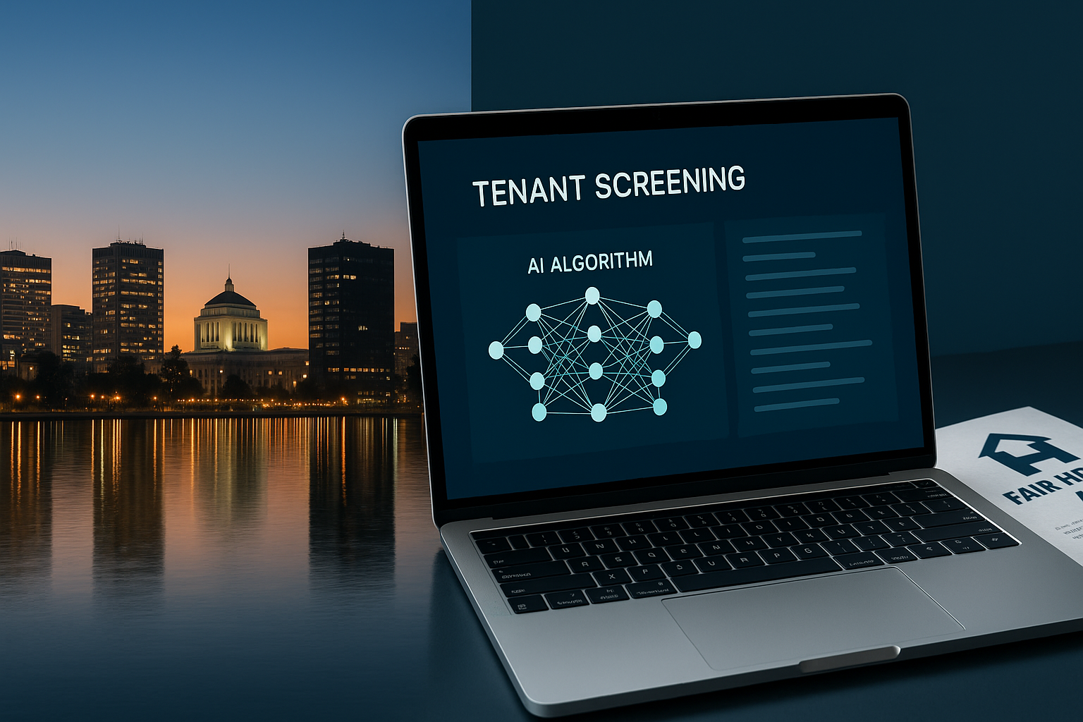 Oakland skyline with AI screening dashboard showing Fair Housing compliance