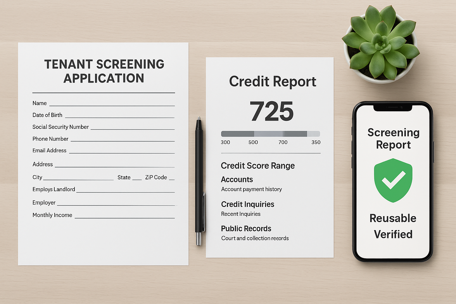 Reusable tenant screening report on desk with verification badge