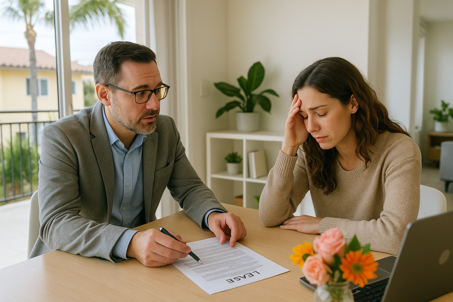 Property manager and tenant reviewing lease termination documents