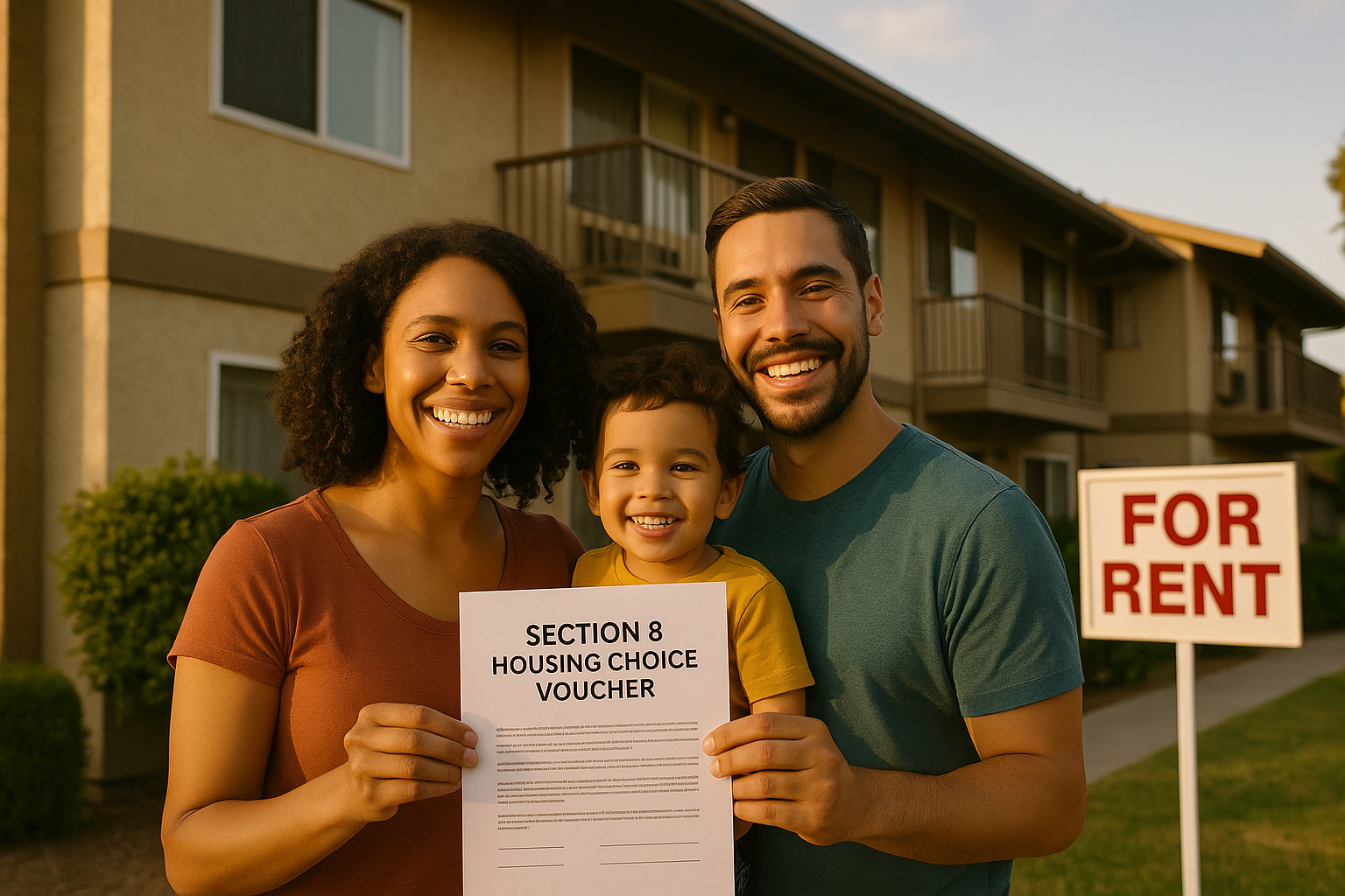Family with Section 8 voucher in front of California apartment