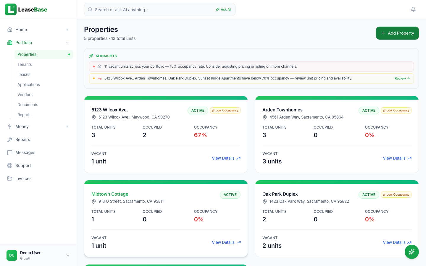 LeaseBase properties page showing imported properties with addresses, unit counts, and AI insights