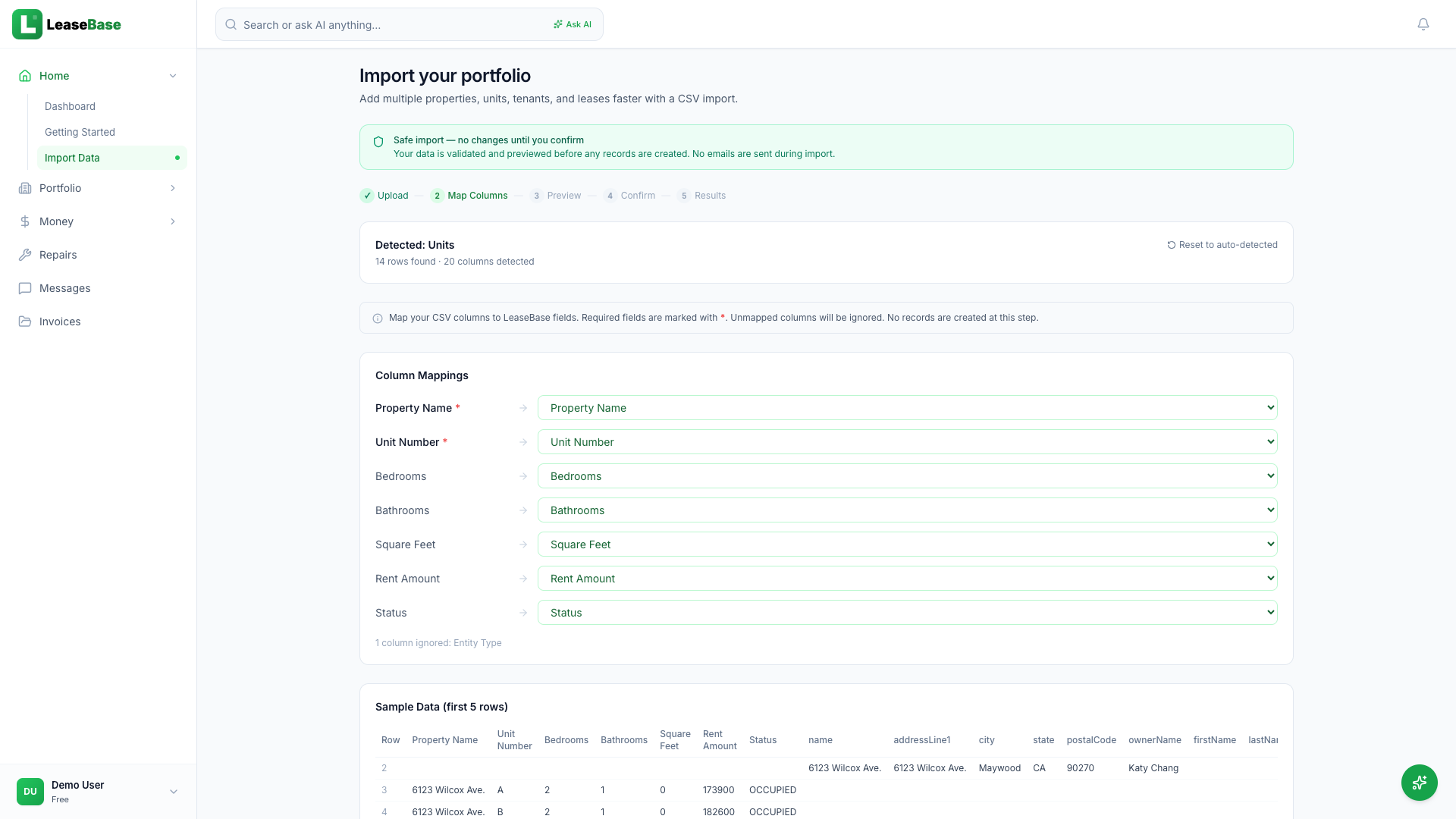 LeaseBase auto-maps property name, unit number, bedrooms, rent amount from uploaded PM report