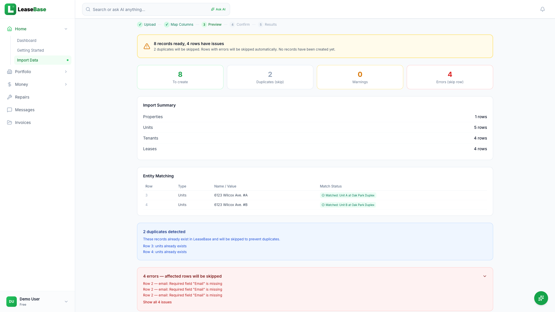 LeaseBase entity matching — 8 records to create, 1 property, 5 units, 4 tenants, 4 leases extracted from PDF